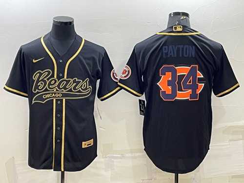 Mens Chicago Bears #34 Walter Payton Black Gold Team Big Logo With Patch Cool Base Stitched Baseball Jersey
